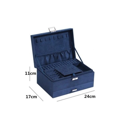 Szkatułka na biżuterię niebieski elegancki kuferek organizer z szufladami