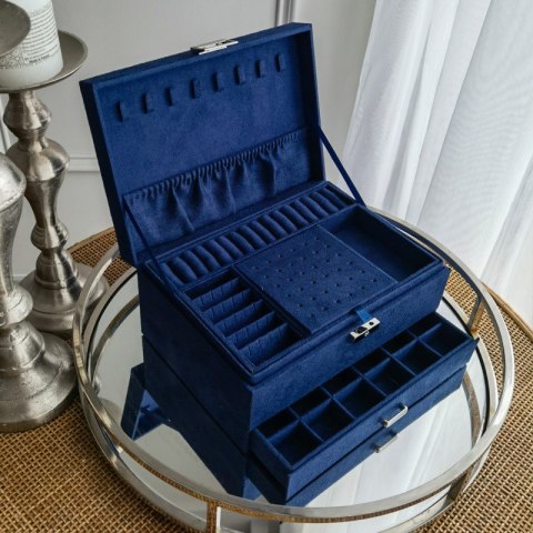 Szkatułka na biżuterię niebieski elegancki kuferek organizer z szufladami