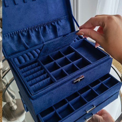 Szkatułka na biżuterię niebieski elegancki kuferek organizer z szufladami