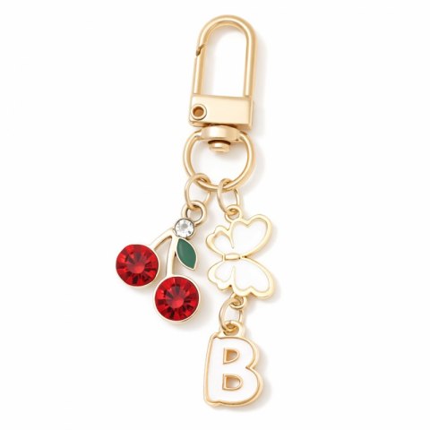 Brelok do kluczy LITERKA "B" 6,5cm WISIENKI, cyrkonie, złote z motylkiem BRL412B