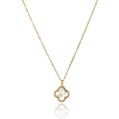 Naszyjnik stal szlachetna pozłacana 14k złotem, koniczynka 13mm, masa perłowa NST2301